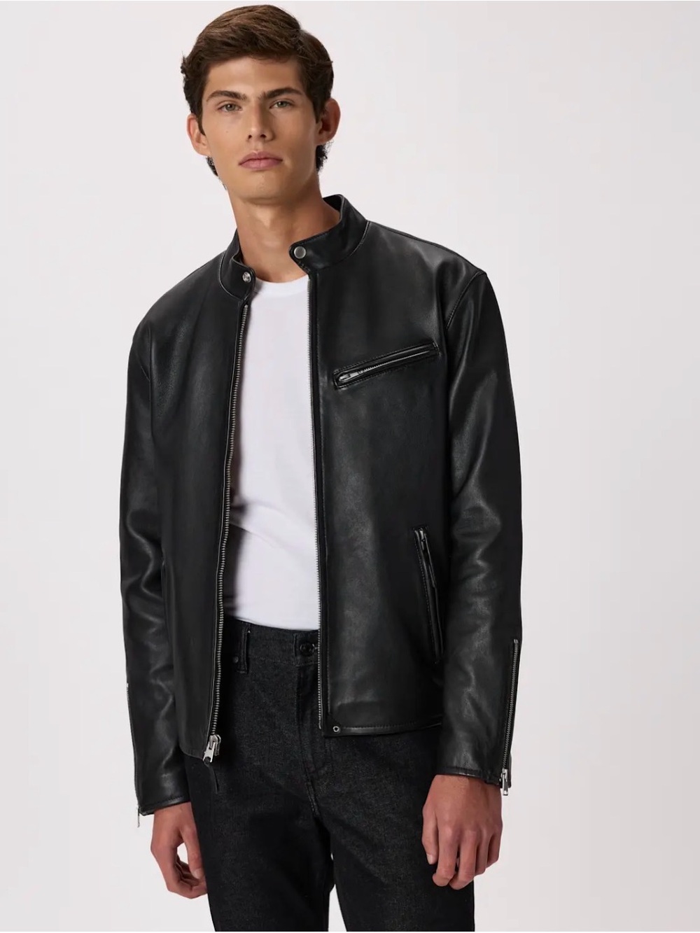 NWOT Quince Men's 100% Leather Cafe Racer Jacket - Black- size small (158)